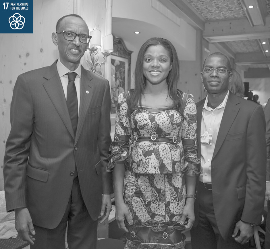 Photo Description:  From left- President of Rwanda, His Excellency Paul Kagame, YTF’s President, Njideka Harry and Patrick Awuah, Ashesi University President.
