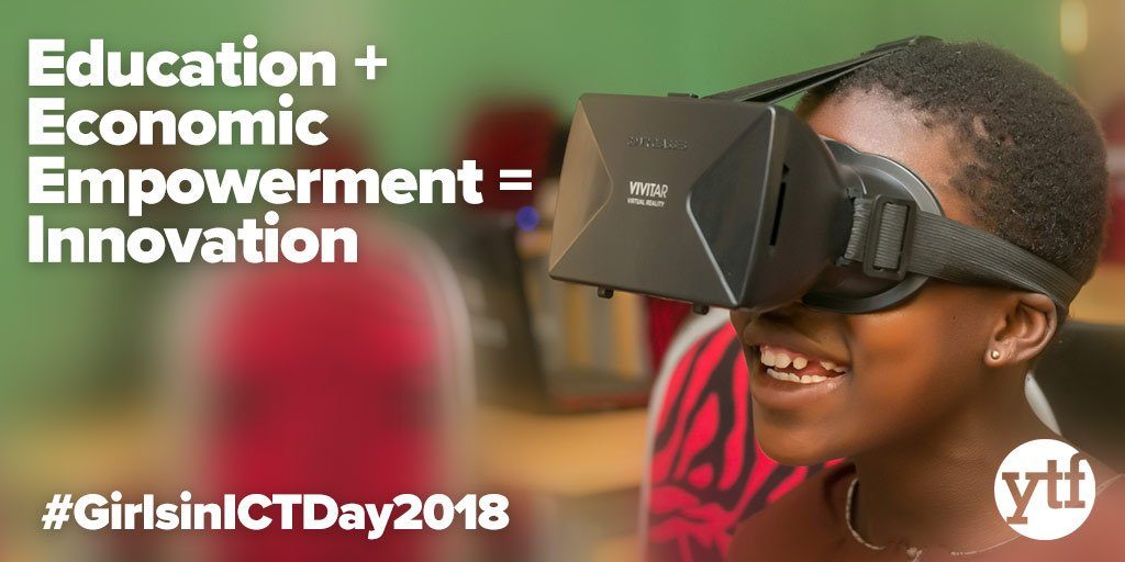 Image of girl wearing virtual reality goggles. Text reads "Education plus Economic Empowerment equals Innovation"